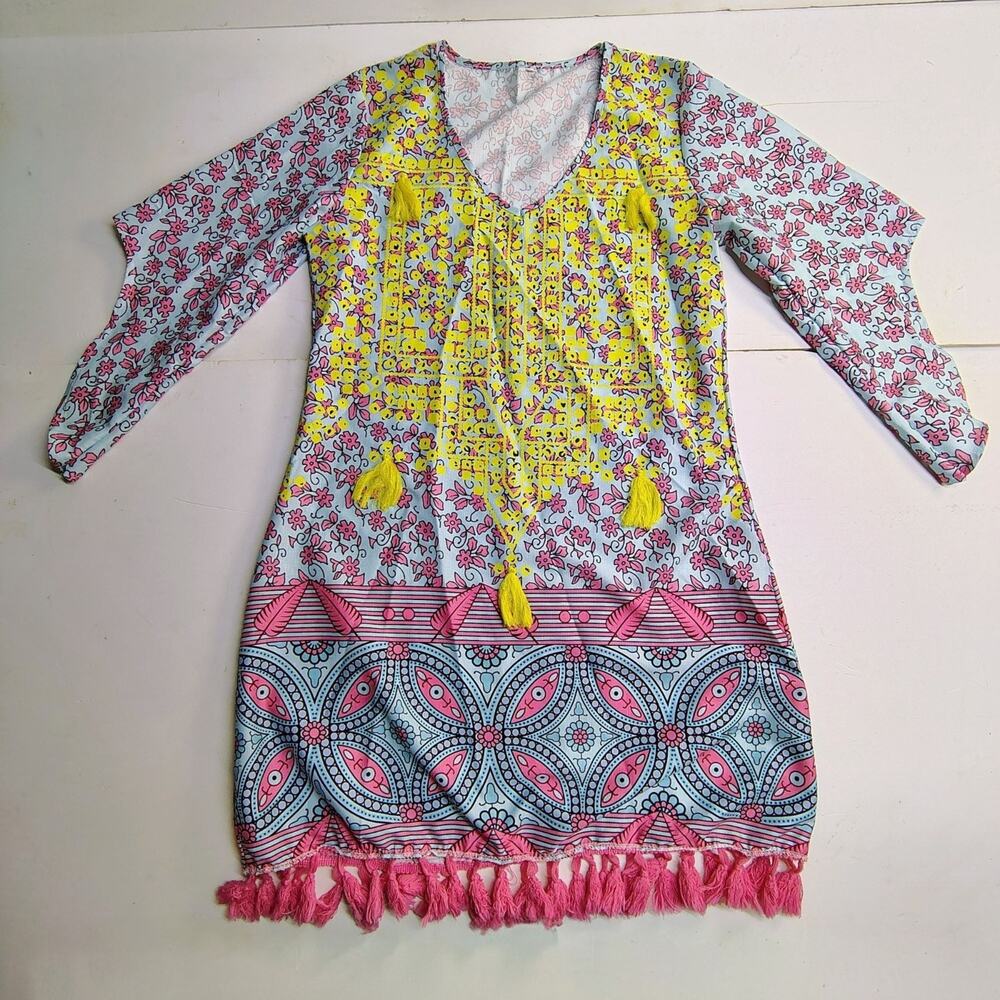 Mislook Tunic Boho Vibrant Eclectri Floral Tassels Fringe Pink Coastal Fairy Cow - Picture 11 of 11